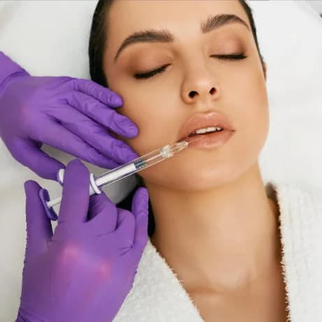 An aesthetic nurse injector placing filler along a reclined patient’s lip