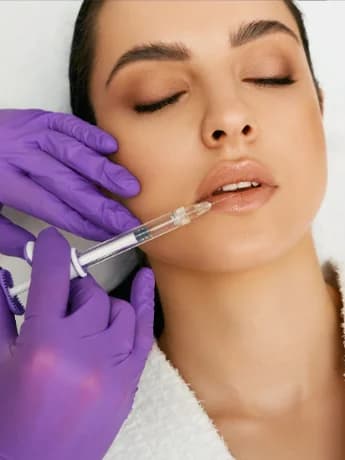 Gloved hands placing soft tissue filler in the lip of a reclined patient with her eyes closed